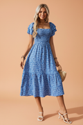 Floral Smocked Square Neck Ruffle Sleeve Dress