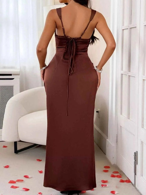 Stylish Wide Strap Satin Maxi Dress